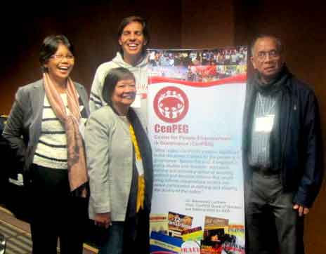At the conference exhibit hall (l-r) Evi Jimenez, Lilia Q. Santiago, and Bobby Tuazon. Joining them is lawyer Lance D. Collins from Hawaii. CenPEG photo