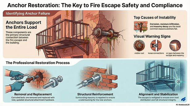 fire escape anchor connection repair and structural attachment