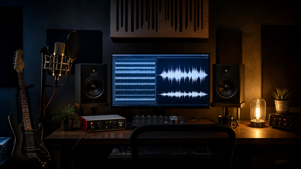 Home recording setup with guitar, vocal microphone, studio monitors, and multitrack audio on screen