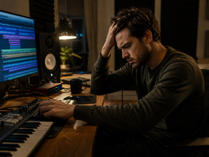 Frustrated musician struggling with a mix in a home recording studio