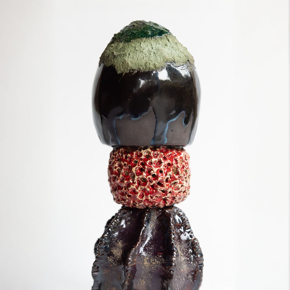 Thumbnail: Italian handmade ceramic sculpture Funghi #7 by Lucia Zamberletti, stacked organic forms in red and green glazes.