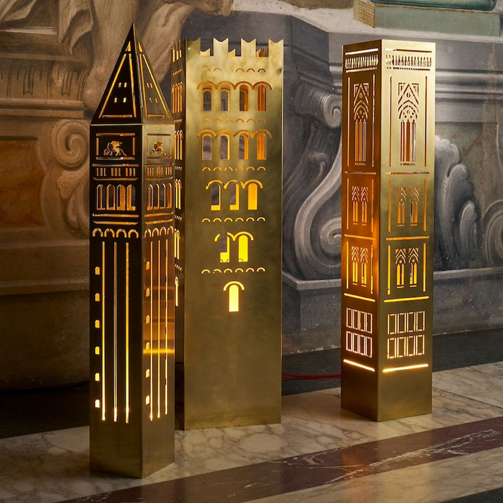 Echi di Luce brass lamps by Francesco Messina, inspired by Italian architecture, with intricate cut-outs and warm light.
