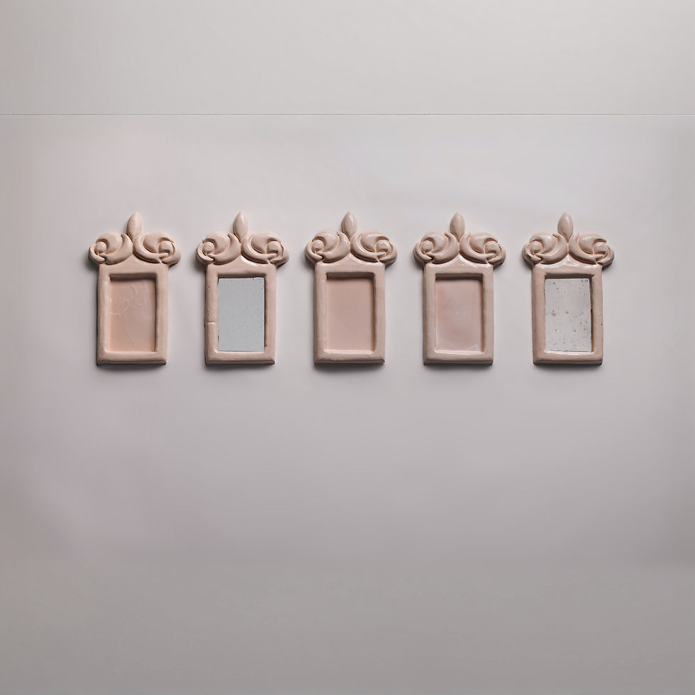 Ceramic mirror series by Riccardo Monachesi, To be or not to be, glazed ceramic frames with reflective surfaces.