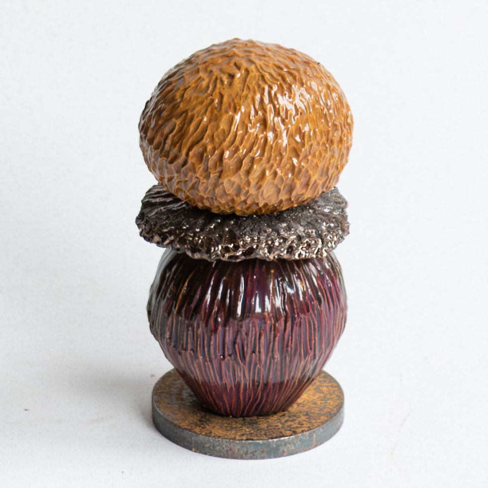 Italian handmade ceramic sculpture Funghi #6 by Lucia Zamberletti, small textured piece with warm ochre and plum glazes.