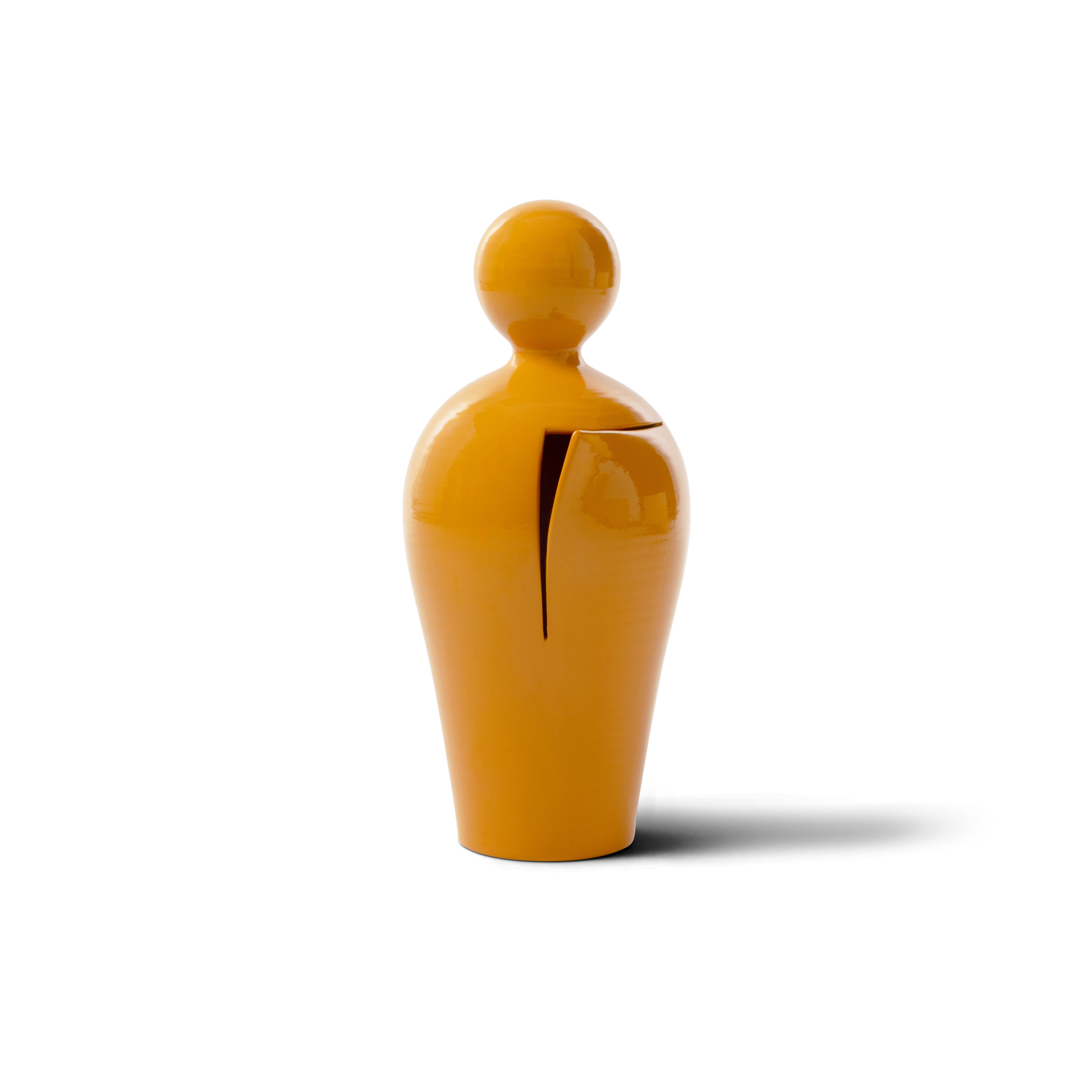 Ochre-hued sculptural ceramic figure by Santopeccatore, featuring a hand-opened frontal cut