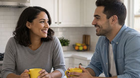 pareja en cocina tomando cafe con splenda
