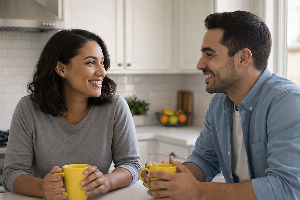 pareja en cocina tomando cafe con splenda
