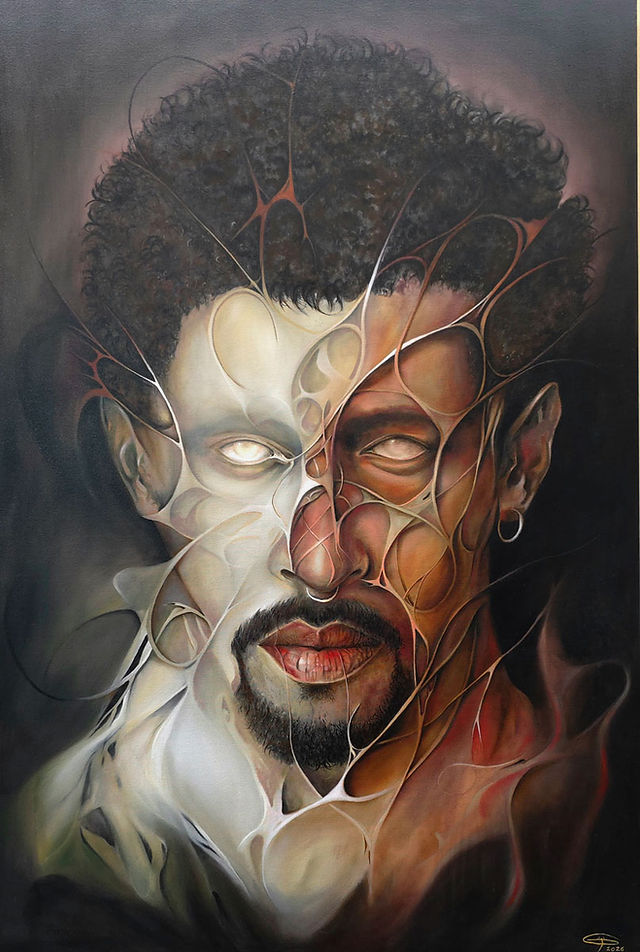 pintura de rostro con ojos blancos, autor Ferdinand Rodriguez, nombre de la obra Benito