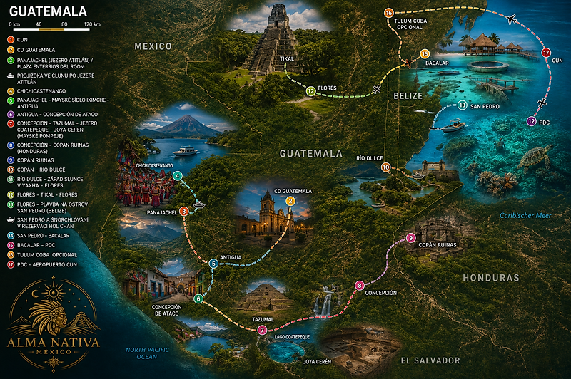 Mundo Maya · Guatemala · Honduras · El Salvador · Belice · civilización maya · Tikal · Copán · Yaxhá · Iximché · Joya de Cerén · Lago Atitlán · Antigua Guatemala · Río Dulce · Livingston · cultura garífuna · selva tropical · volcanes · arqueología · ciudades mayas · templos · culturas ancestrales · comunidades indígenas · tradiciones vivas · historia · naturaleza · Caribe · Ambergris Caye · San Pedro · Bacalar · Playa del Carmen · aventura · viaje cultural · Centroamérica · patrimonio UNESCO · gastronomía local · experiencias auténticas · circuito por Centroamérica · viaje organizado · Alma Nativa Latam
