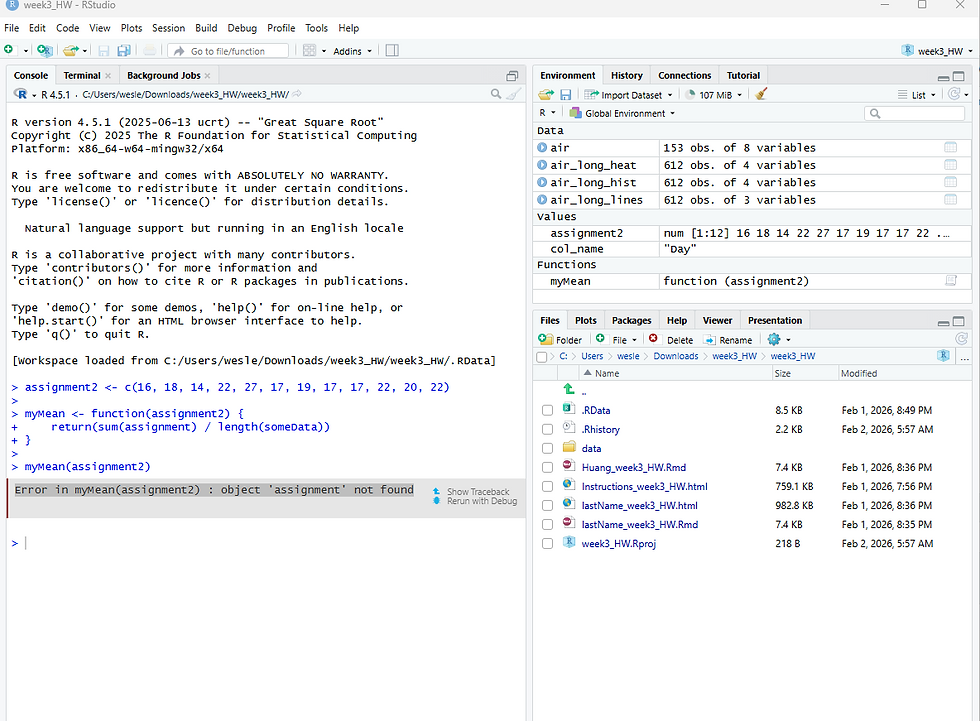 Screenshot showing the error produced by the original myMean function in RStudio.