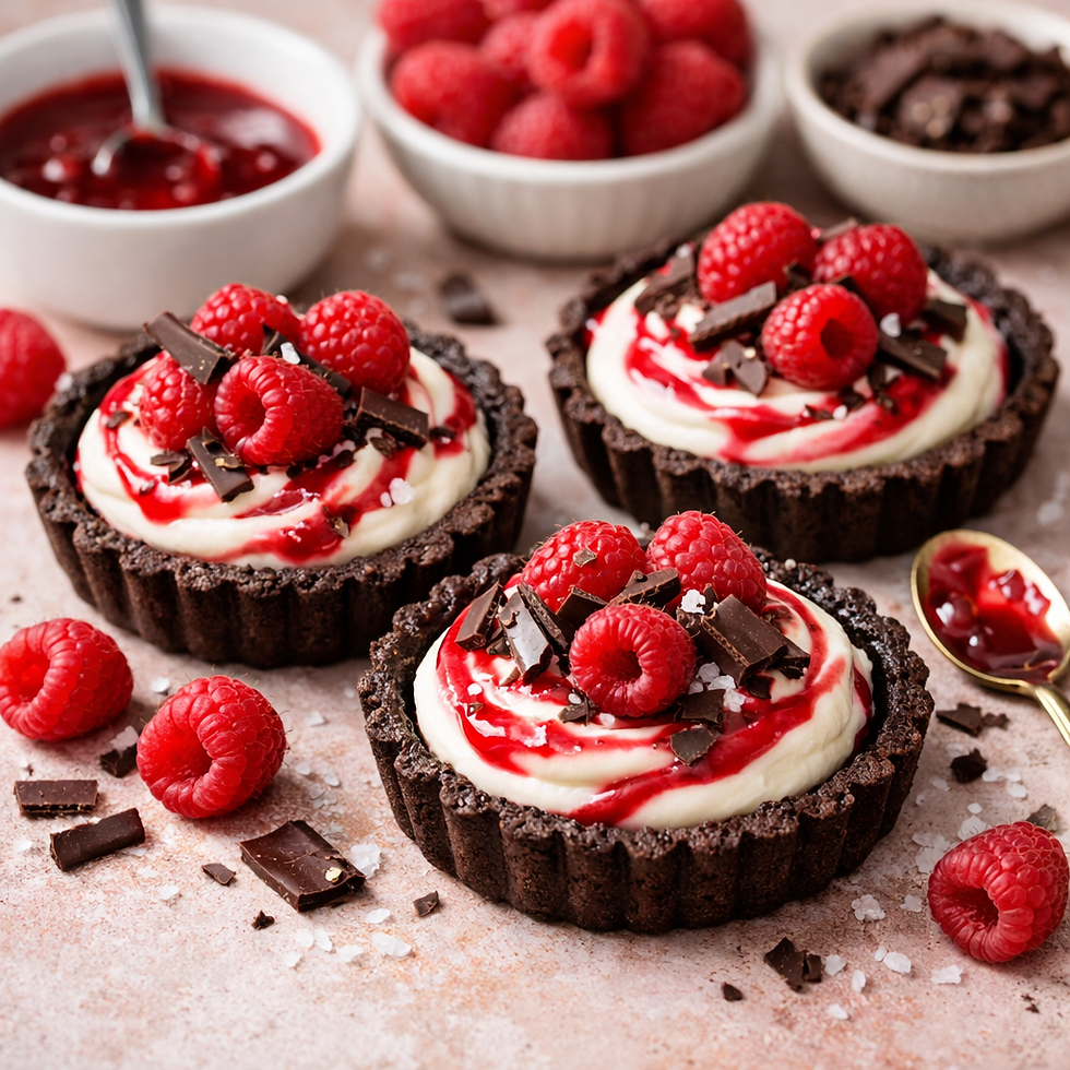 Dark chocolate and raspberry mascarpone tartlets topped with fresh raspberries and chocolate shavings on a light pink surface.