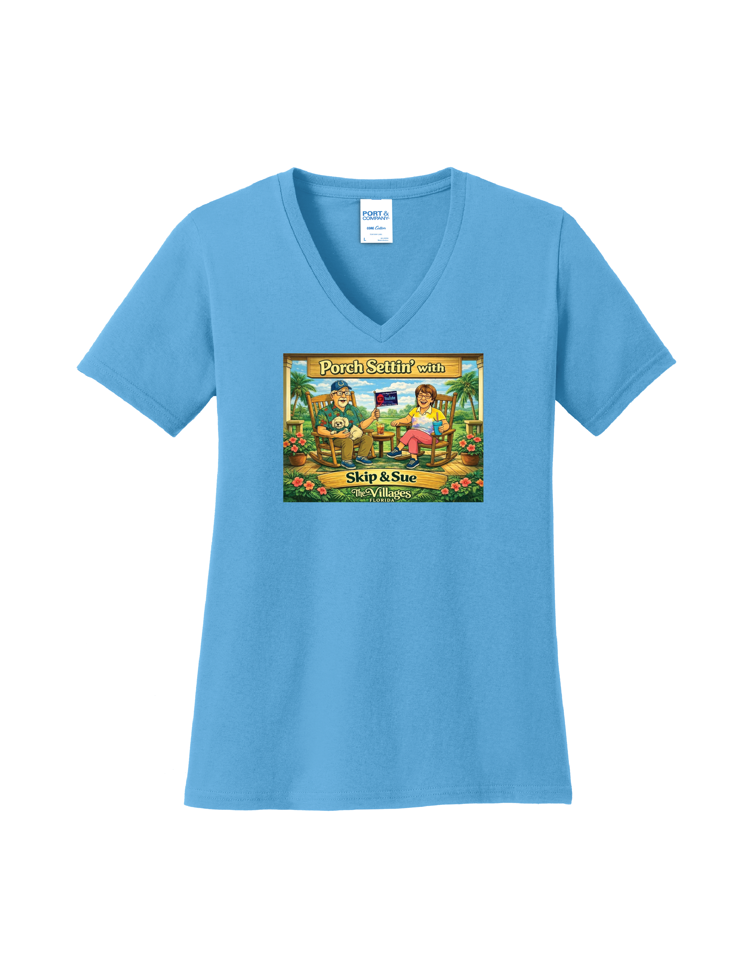 Ladies Cotton V-Neck S/s Tee - Porch Settin' with Skip & Sue