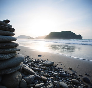 early morning beach with pile of stones.jpg