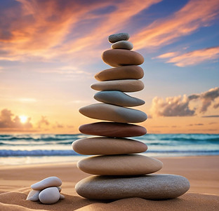 beautiful sky beach with stacked stones.jpg