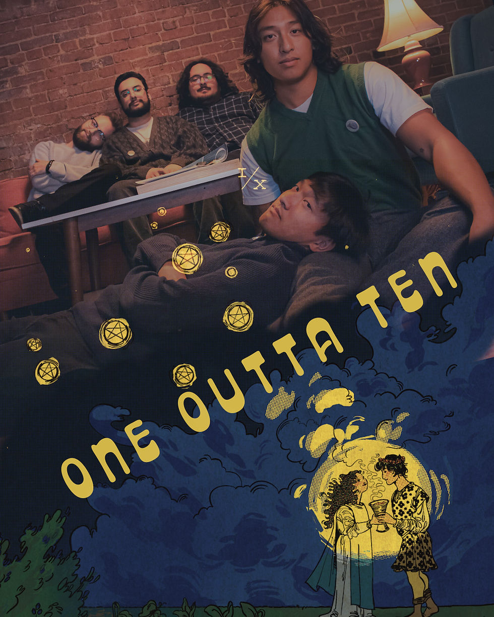 A graphic of the band, 5 men, sitting together in a living room transposed over the cover art for the single, with the band's name "One Outta Ten" written in between.