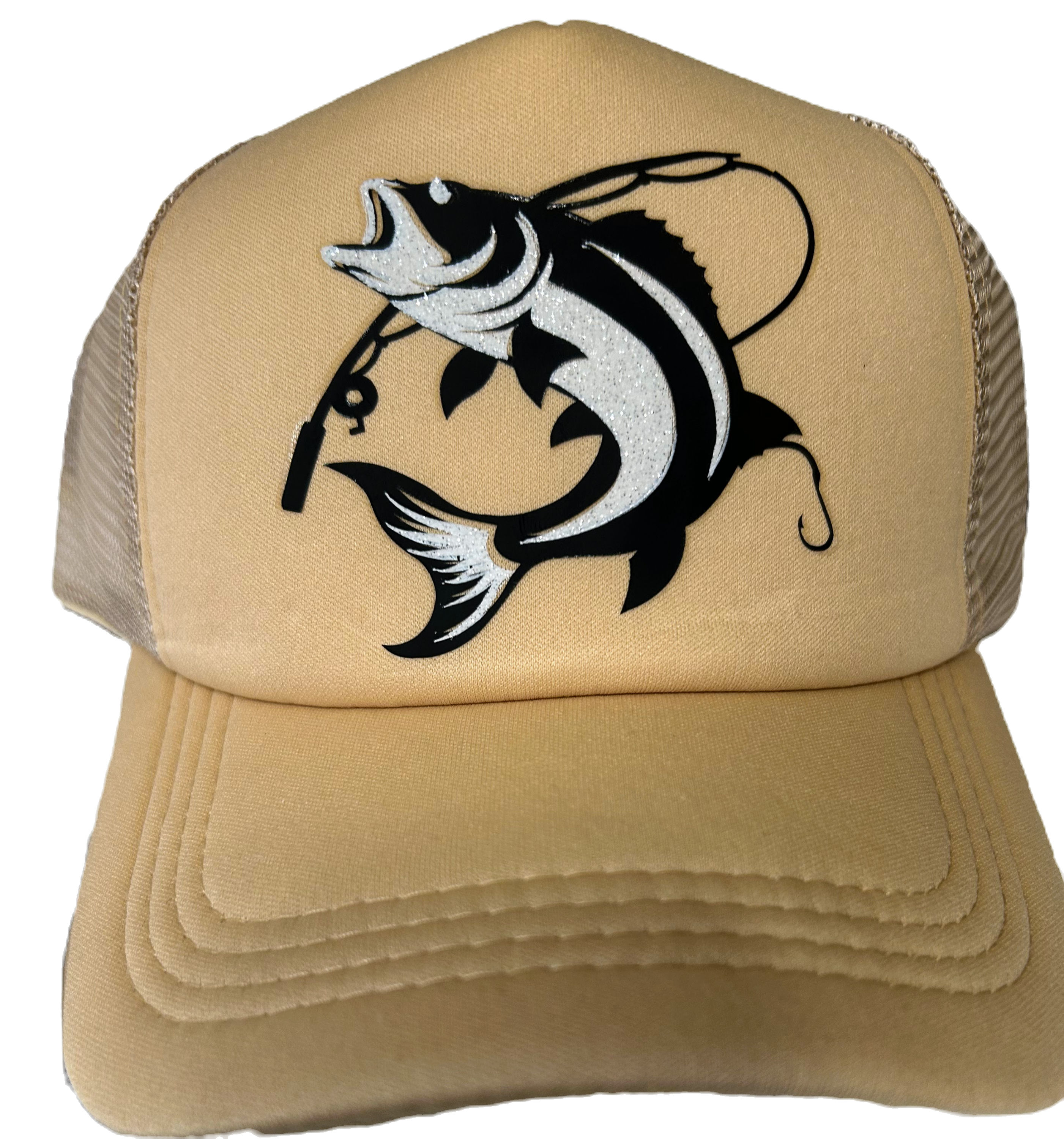 Tan cap wirh black and silver fish with black fishing rod