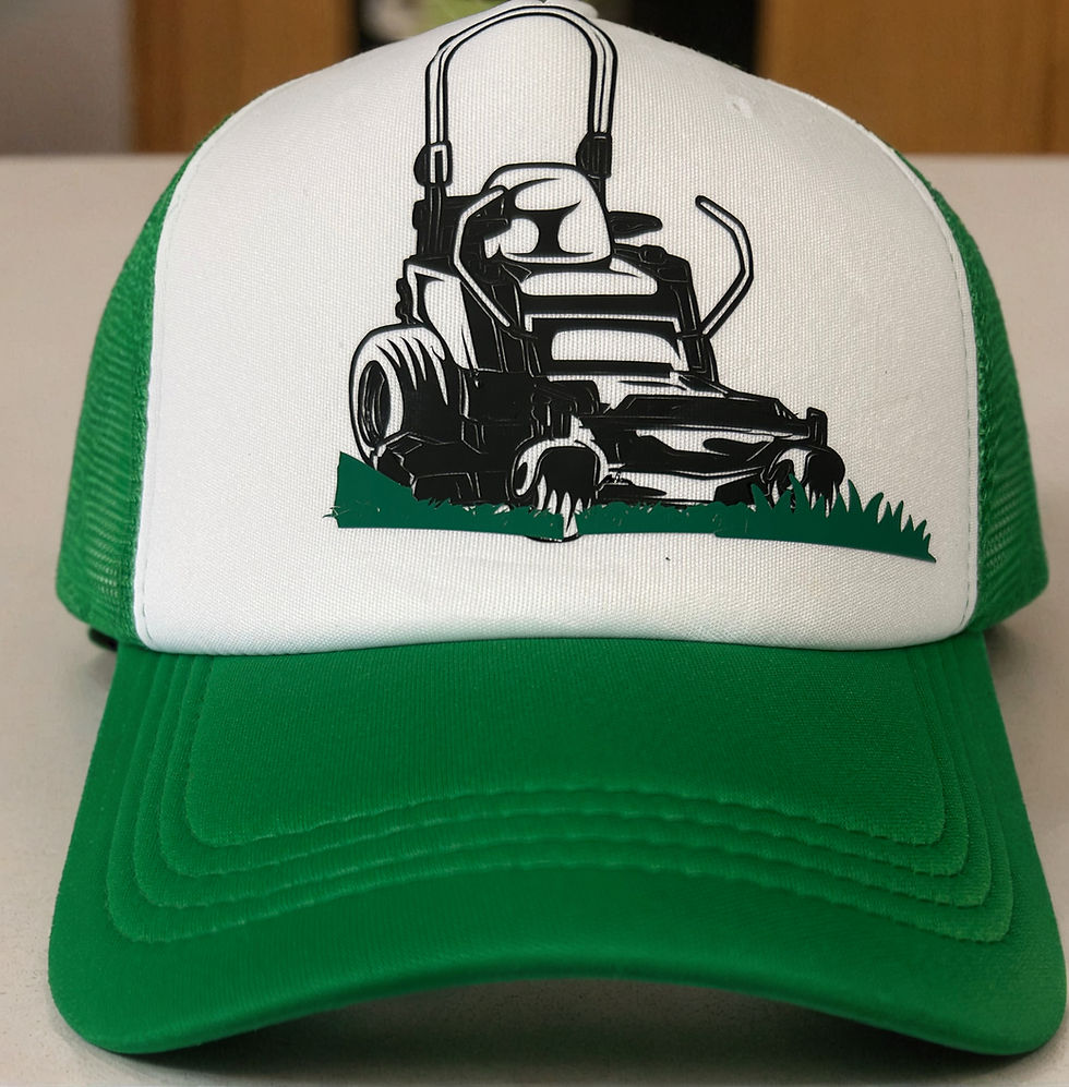 Green cap with white front with zero turn mower adjustable tab in back