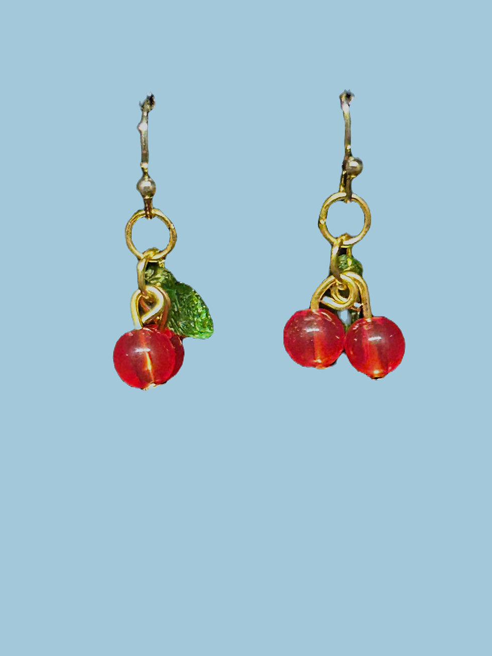Thumbnail: Cherry Beaded dangle earrings with green leaf