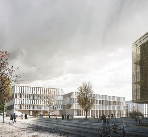 winter architectural render of university white concrete campus in Frankfurt Germany