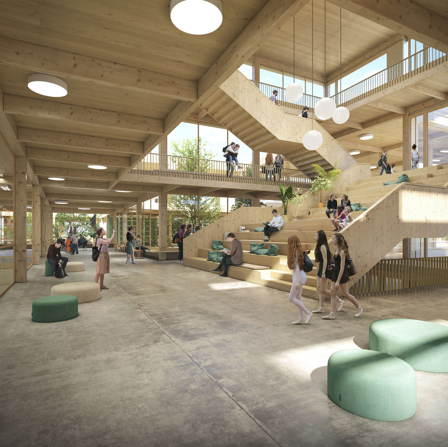school campus sunny interior design render with modern contemporary design concrete and wood materials and soft light