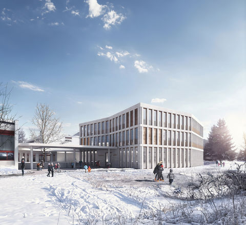 exterior sunny winter image of a school in davos