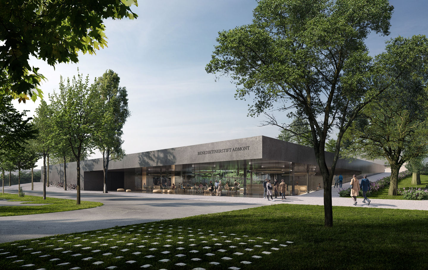 minimalist concrete visitor center exterior render Admont Austria