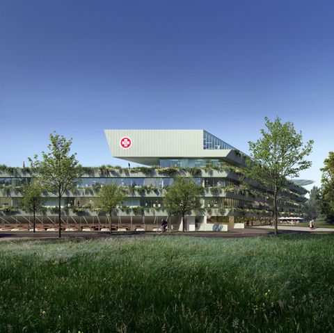 Health and Safety Center of the Samaritan Association frontal image green facade concrete render Vienna Austria