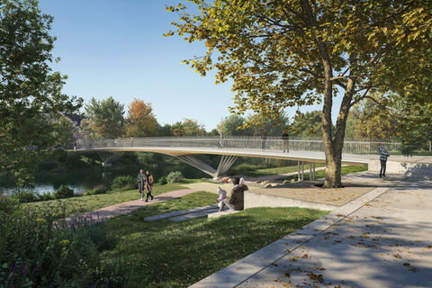 wooden bridge over Danube river between trees autumn sunny render