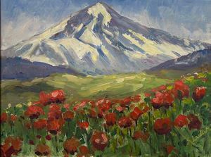 Damavand mountain (the highest peak in Iran) and poppies (small version), 2025