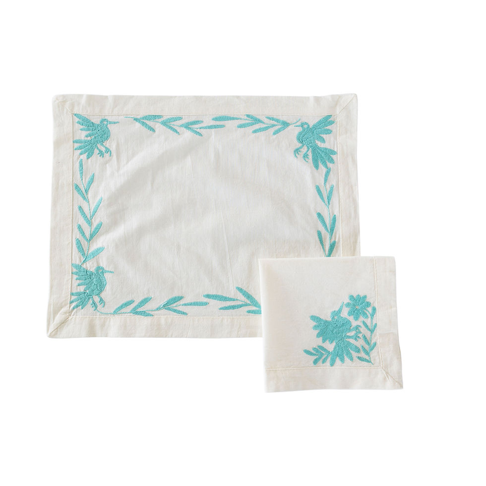 Thumbnail: Mexican Otomi Hand Embroidered Cotton Placemats and Napkins 8 Piece Set