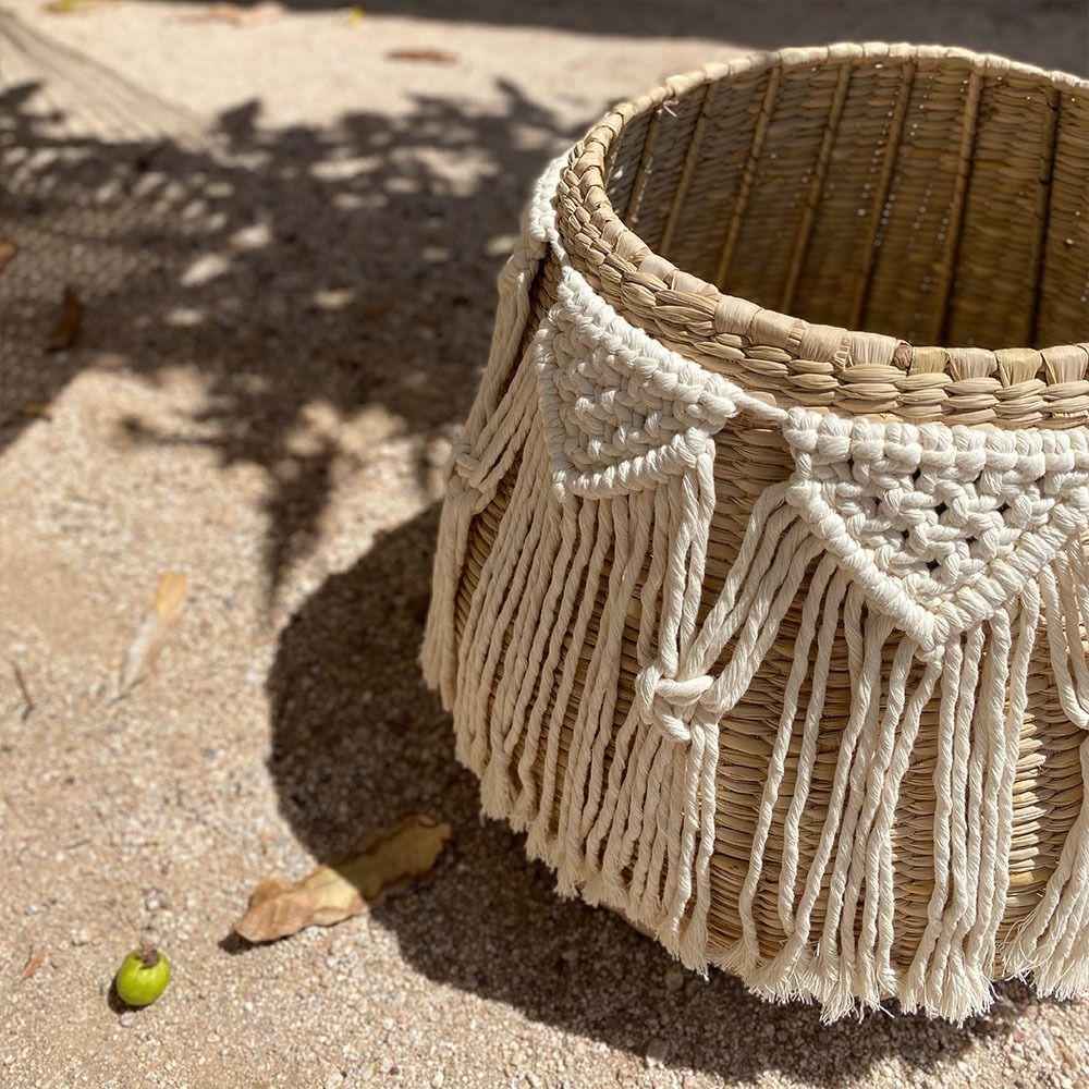 Pear Hati Mexican Chuspata Reed Handwoven Basket with Macrame
