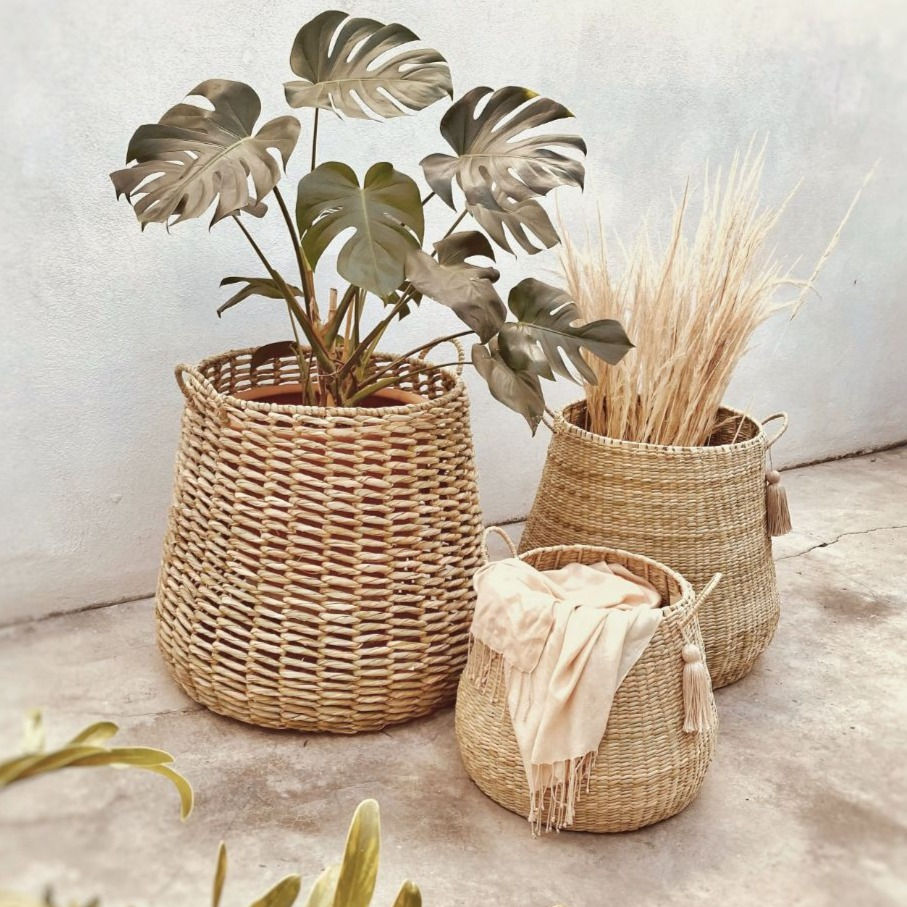 Thumbnail: Pear Shape Mexican Natural Palma Reed Chuspata Handwoven Basket with Handles