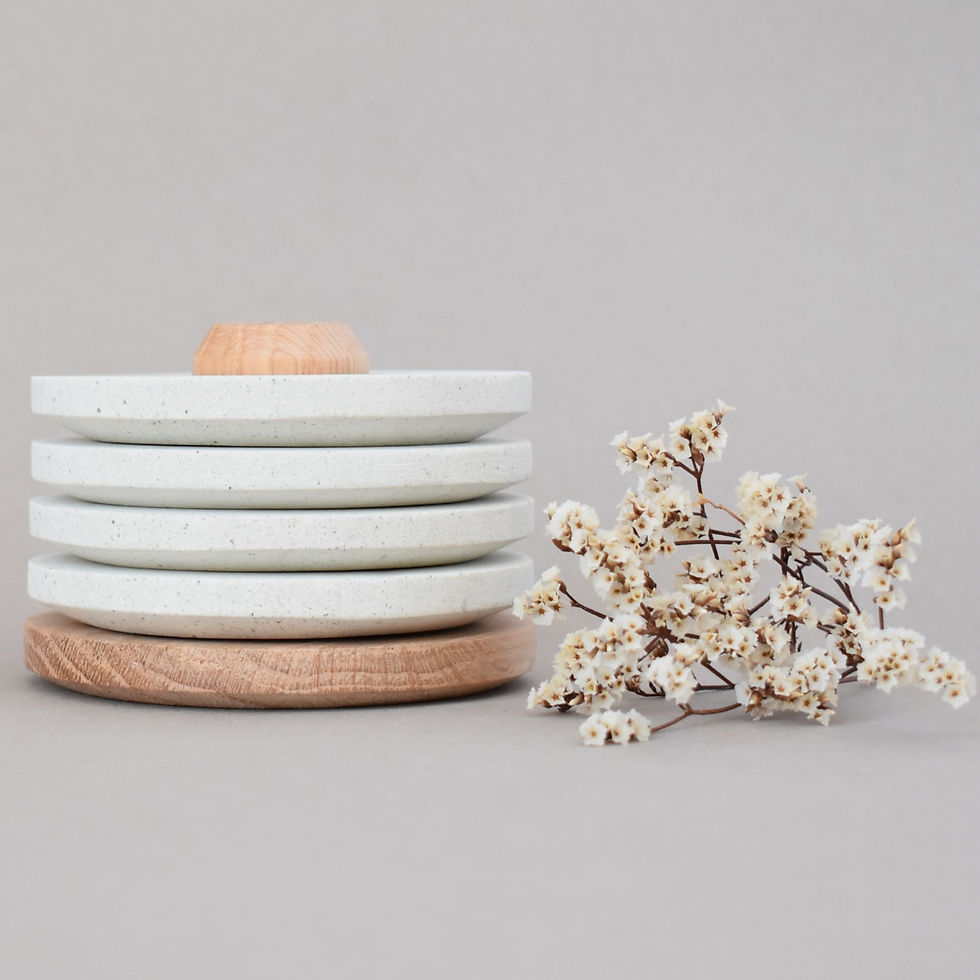 Thumbnail: Water Disc Round Stone Coaster Set of 4 with Oak Wood Holder.