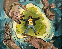 Painting of a person lying on an island while being circled by vultures.