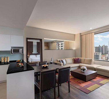 a large kitchen with a large window