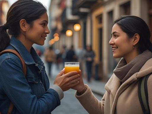 Two women smiling and clinking glasses on a cobblestone street. One wears a jean jacket, the other a beige coat. Warm streetlights in background.