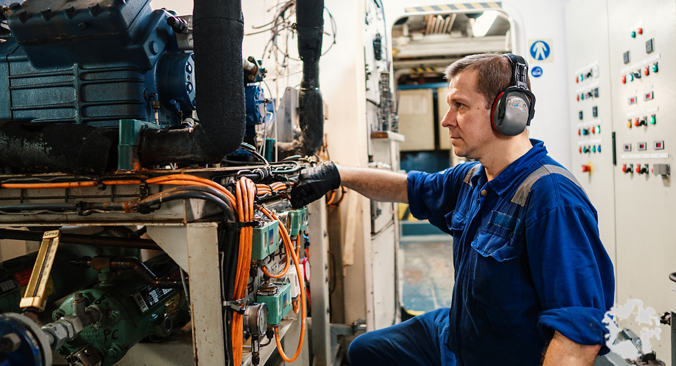 A man in blue overalls diligently working on a machine in a workshop.