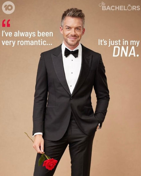 Bachelor man wears black tuxedo for television show