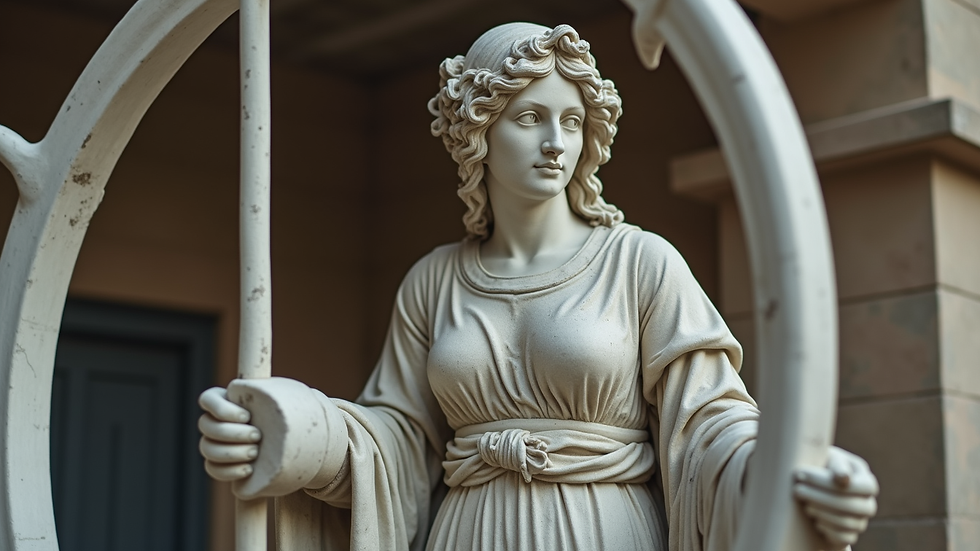 Close-up view of a traditional Roman statue of Lady Fortuna holding a wheel