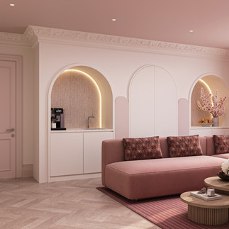 childrens playroom pink, neon sign, fire place, sofa