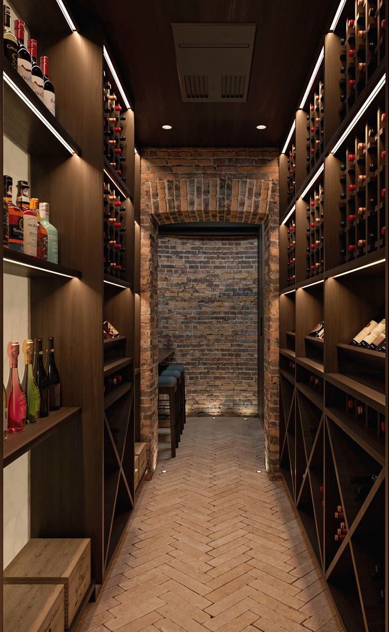 Wine cellar storage room, wine bottles, shelving, brick floor