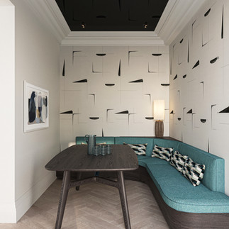 black oak table and fitted seating with black and white wall covering