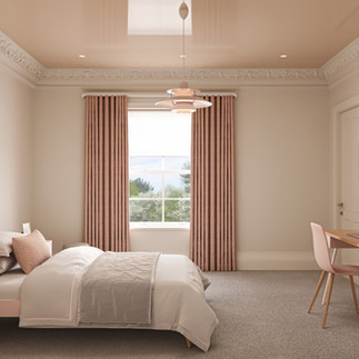 Girls bedroom, bed, window, pink cutains