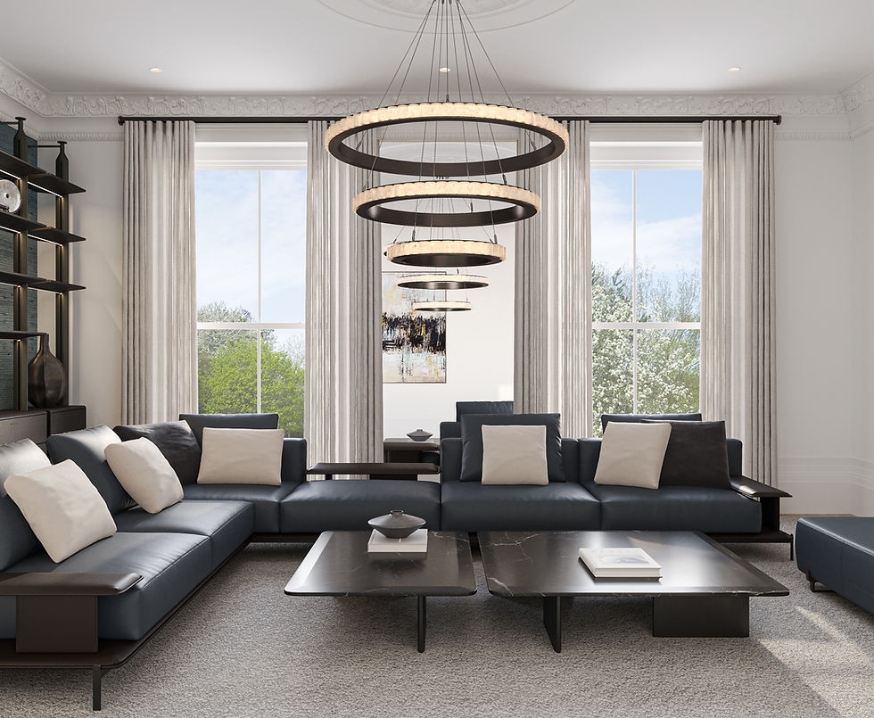 Leather teal sofas and marble coffee tables in formal lounge