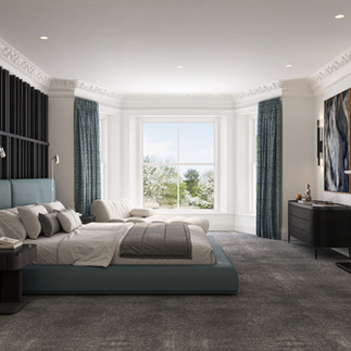 Leather bed and  black bed drawes, carpets