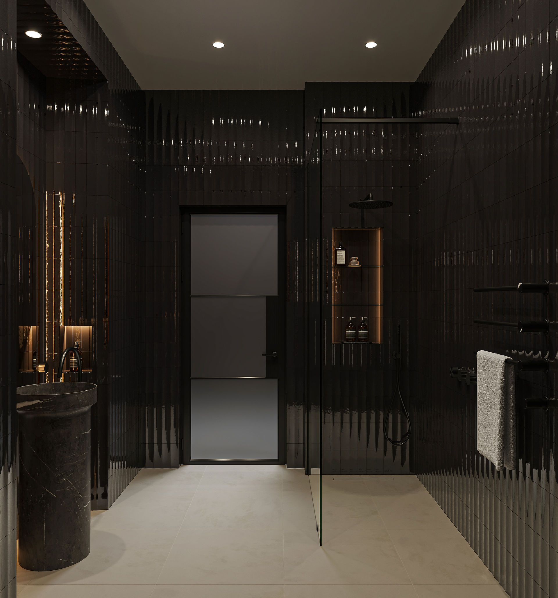 black fluted tiled guest bathroom