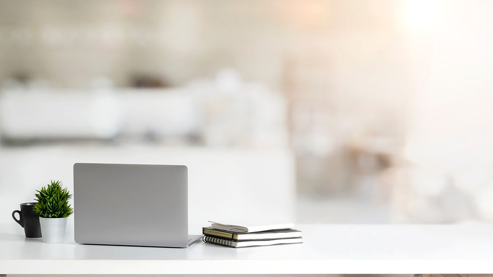 Close up view of simple workspace with laptop, notebooks, coffee cup and tree pot on white