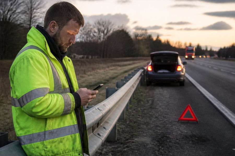A driver standing safely behind a metal barrier on a motorway hard shoulder at dusk, wearing a high-visibility jacket and looking at a phone, with a broken-down car and warning triangle visible in the background