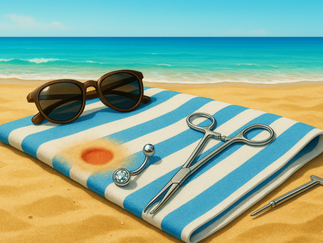 Illustrazione estiva con spiaggia, valigia aperta e piercing caduto sulla sabbia, simbolo della perdita estiva dei gioielli.