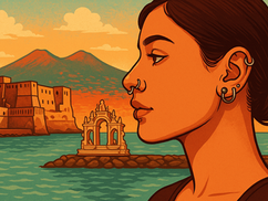 Illustrazione di una donna con piercing al naso e orecchio, con sullo sfondo Castel dell’Ovo e il Vesuvio: un richiamo visivo al mondo del piercing a Napoli e in provincia.